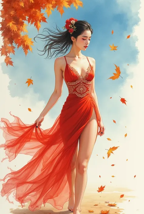 ((Watercolor drawing)), beautiful chinese woman with big breasts in revealing national dress, USA, autumn, ((the wind tears off the outfit)), you can see the legs. The leaves are falling, blue