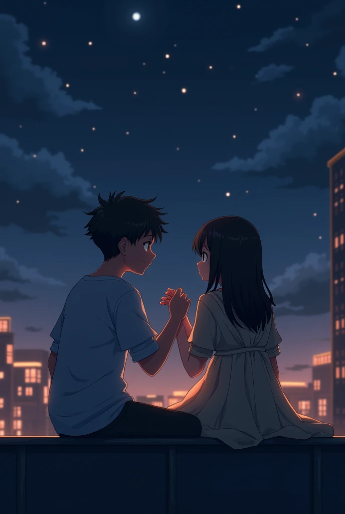 A anime Boy and Girl sitting close  in a building Roof in night dark image boy age is 19 girl 18 image from their backside girl dress is medium size and some romantic and touching each other hands