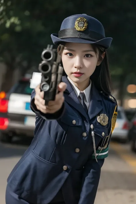 beautiful policewoman holding a gun、accurate and precise gun shape