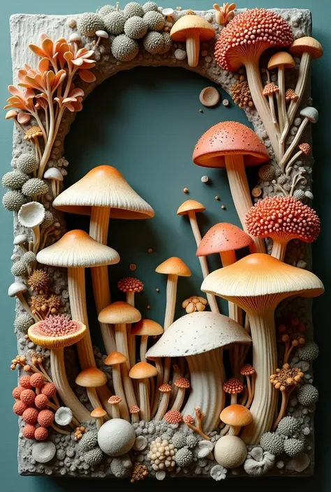 Generate a half-relief work，The materials are mainly various types of fungi，The content of the work is creative，In reality, it can be made，No character traits，The content is more story-telling
