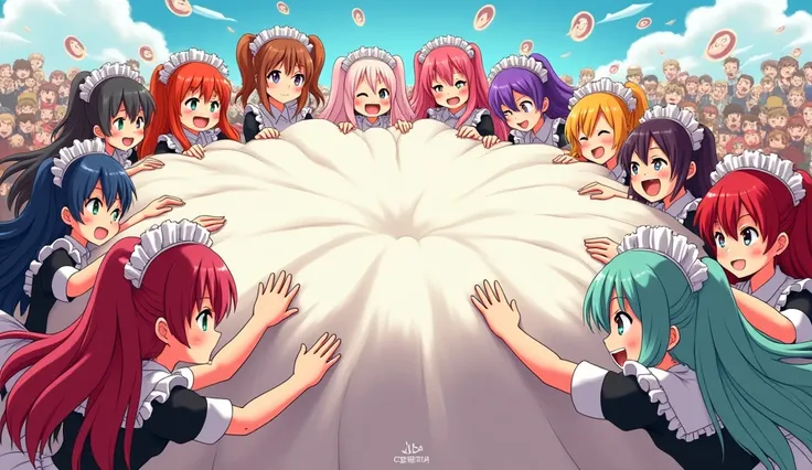 An anime-style illustration depicting many maids playfully wrestling with each other inside a  comical fight cloud.
each maid has different  colored hair.
their faces,hands,and feet are visible emerging from the cloud as they tussle humorously,  with the r...