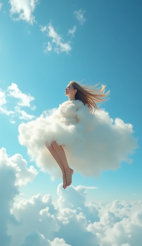 real photos, row, a cute fluffy woman floating in the sky, beautiful blue sky, full of little fluffy clouds