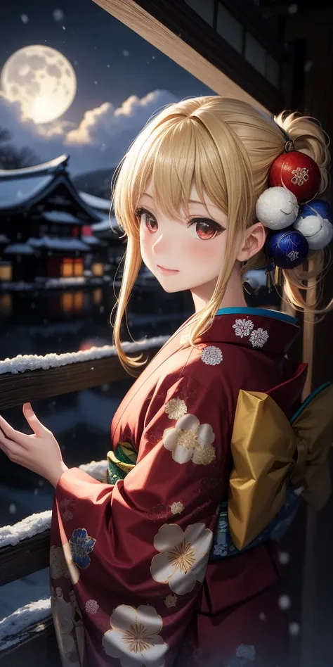 anime, 1 girl, blonde, red eyes, kamimetsu, blush, Kyoto, snowfall, moon, kimono