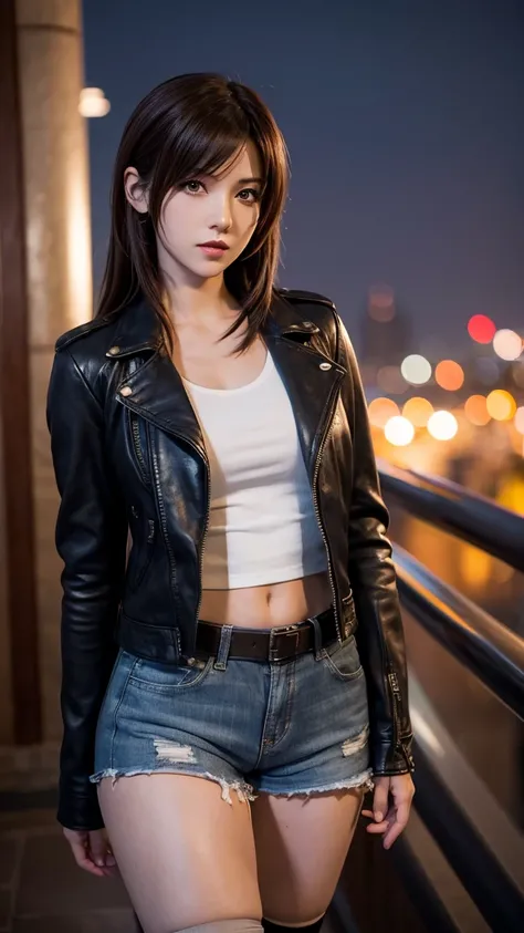 Tifa Lockhart, wallpaper, landscape, depth of field, city night, light particles, light rays, side lighting, shorts, leather jacket, red eyes, brown hair, thigh-high socks, arm sleeves