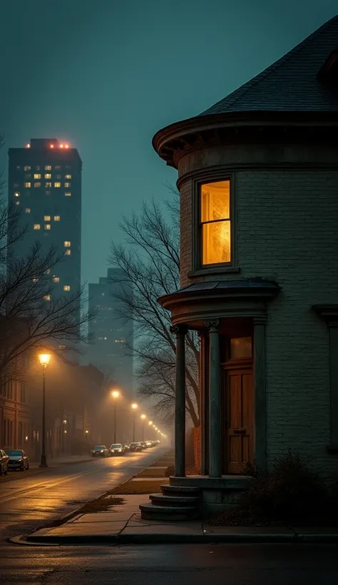 A semi-circular corner of an old house, a long street, a big city at night,, the city of St. Louis Missouri, the camera is looking at the corner of the house. A warm light is burning behind the windows, a road near the corner, old cars are parked on the st...