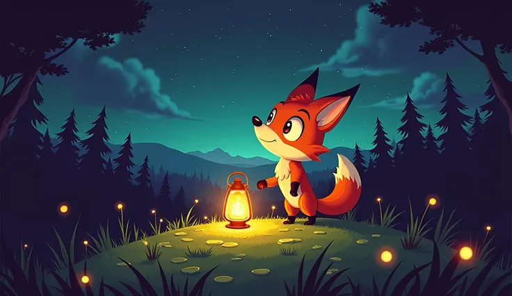 A vibrant twilight sky, where Finn the fox stands on a grassy hill, looking up in confusion at a dark, starless sky. His fur is a fiery orange, and his eyes are wide with curiosity. Around him, the hilltop is dotted with tiny fireflies glowing faintly. A l...