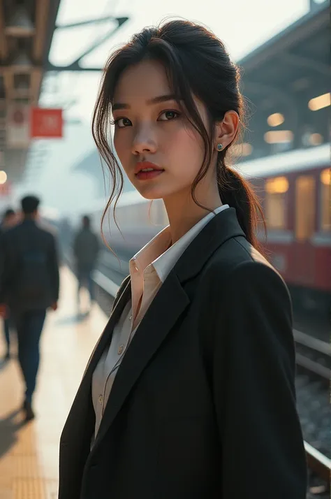 A young woman stands on the ground near a train station.