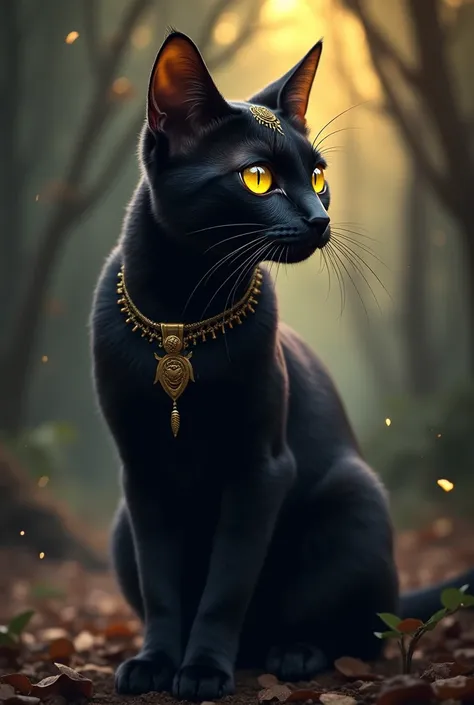 A black cat with a golden eyghtian eye on its forehad looking graceful. Art style is Game based