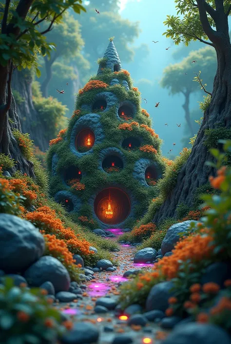 a fantasy ant hill, detailed miniature landscape, highly intricate and complex structure, nature scenery, lush greenery, vibrant colors, iridescent patterns, glowing bioluminescent elements, dynamic swarms of ants, extreme macro perspective, stunning depth...