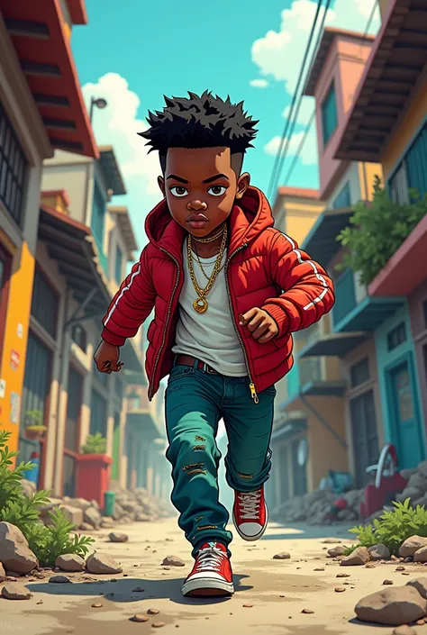 black boy running in favela wearing designer clothes and jewelry, hiding something in your pocket cartoon

