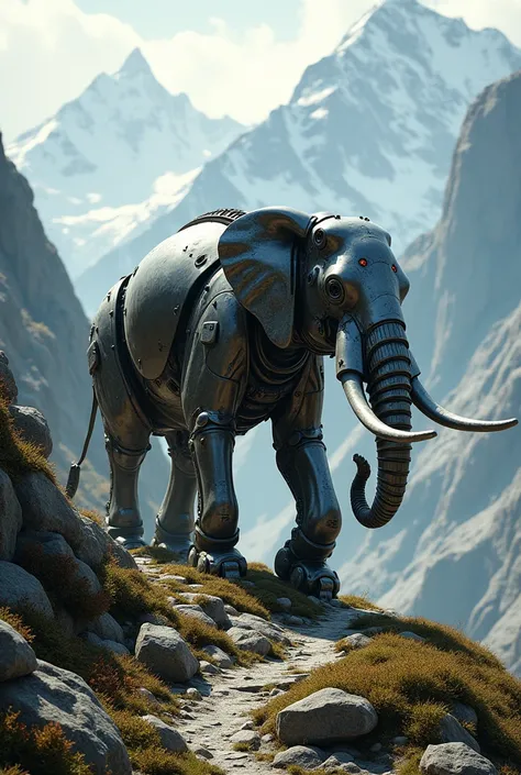 An elephant with an iron body walks down the mountain.