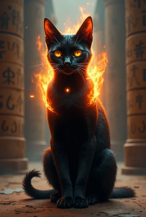 An eyghtian black cat that has flames coming from its shoulder while it stands looking graceful. 