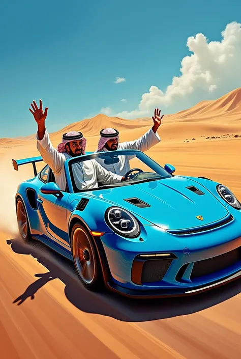 Arabian men waving hand while driving a Porsche 911 GT3 RS, oil painting, 3/4 side view