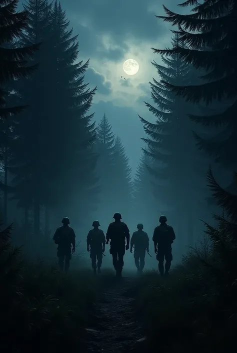 The sky that night was cloudy, the light from the moon and the twinkling stars are blocked by clouds, Even so, the sound of insects at night continued to echo and break the silence of the night.. In the dark of night, 6 people in military uniform carrying ...