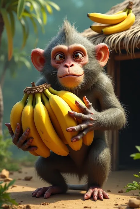 A wretched monkey holding a bunch of bananas，There is a thatched hut next to it，There was also a bunch of bananas on the thatched roof.。