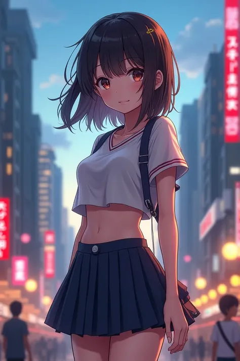 Schoolgirl in short skirt and Japanese crop top 