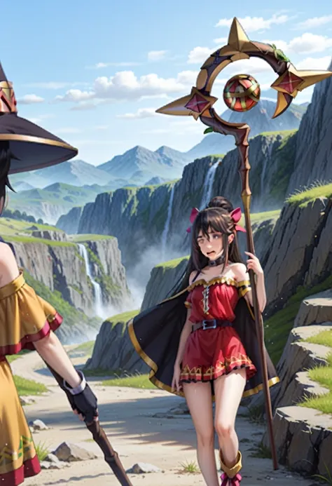 1 girl, megumin, facing away from camera, (grinding on staff), black and yellow dress is being blown up at back by wind exposing...