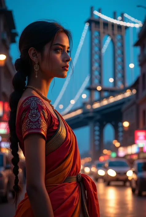 Beautiful girl kolkata standing on road make the image colourful and background howrah bridge change the pose and clothes night time