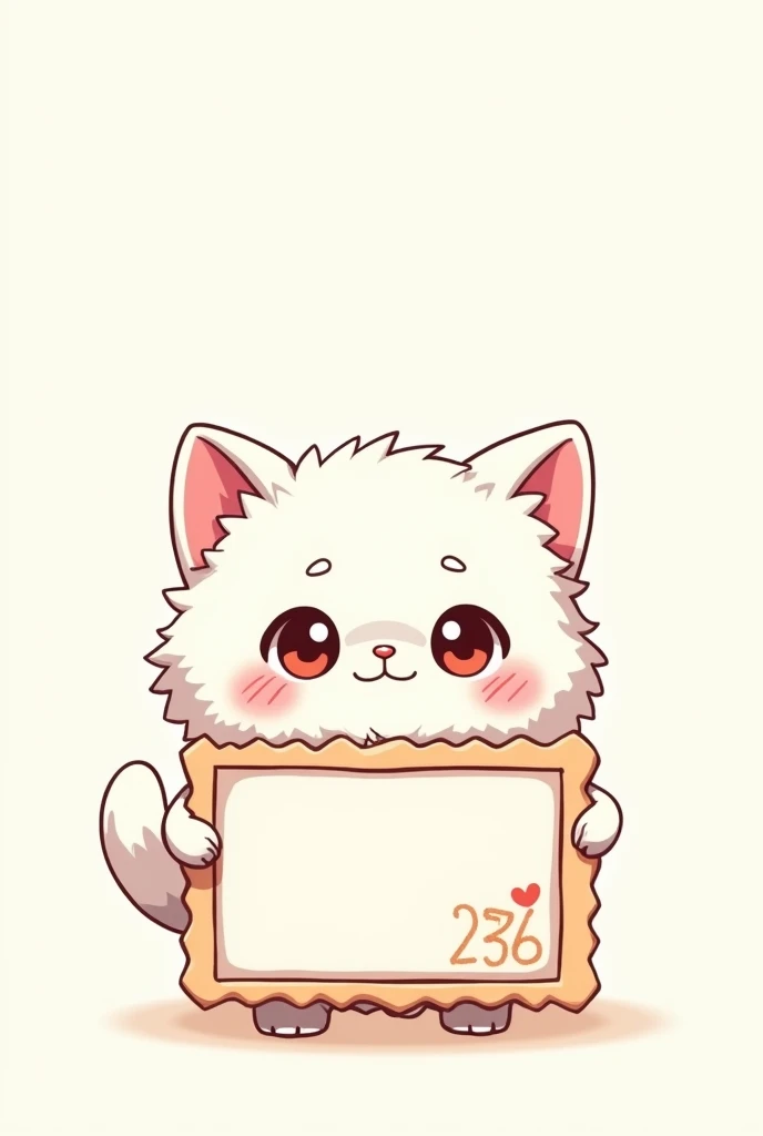 Line stamp specifications、anime、A fluffy white kitten with cute eyes、Stand with a smile、 Overall small and cute、Going out for dinner？A stamp holding up a sign with a cat-like design.、