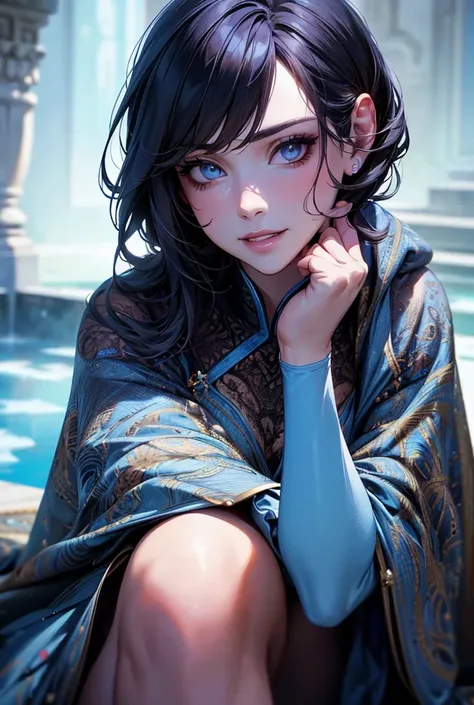 A princess sitting on a fountain, holding a red rost,detailed face,beautiful detailed eyes,beautiful detailed lips,extremely detailed eyes and face,longeyelashes,intricate details,cinematic lighting,dramatic colors,moody atmosphere,(best quality,4k,8k,high...