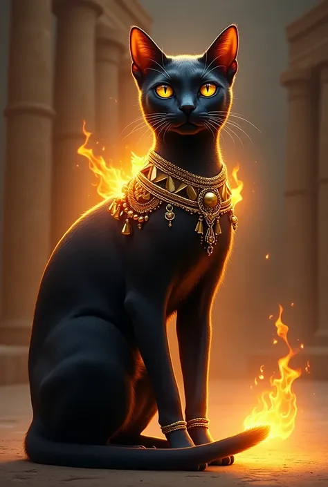 An eyghtian black cat with a golden eye and golden jewelry that has flames coming from its shoulder blades while it stands looking graceful. Art style is game based