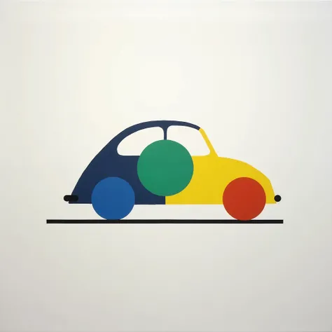 (minimalist painting) minimalist painting of a Volkswagen Beetle using only large colored circles (blue, green, yellow, red), white background, something youd expect to see at a minimalist are exhibition 