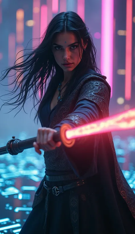 close-up of A powerful female mage with long dark hair and intricate robes, haneAme, holding a glowing magical staff, in a backdrop of a futuristic, neon-lit circuit board landscape, ultra-realistic textures, ultra-high definition, photorealistic, highly d...