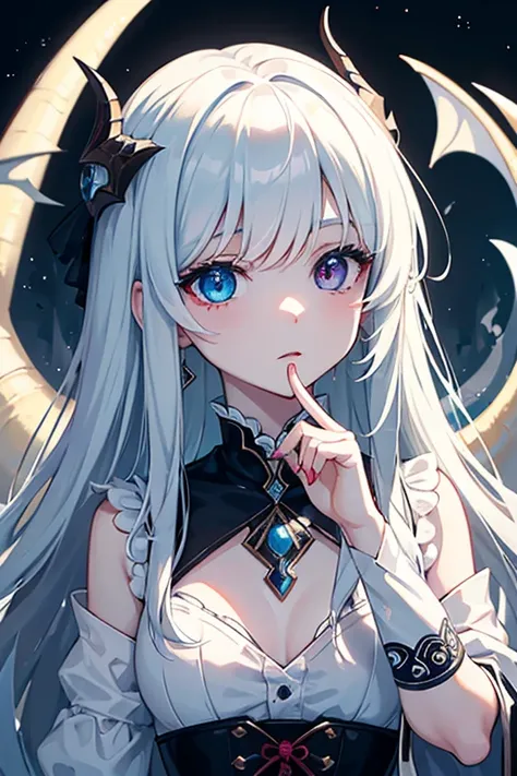 She has ghostly pale skin and a charm on her face.。The child has heterochromia and a dragon written inside his eye.。She can control dragons that emit a demonic aura.。It requires fine details and intricate patterns.