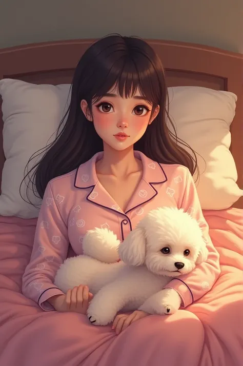 Woman sick with flu, white skin, straight hair, dark brown color, dressed in light pink pajamas with a bear print. She is in a very nice room and is accompanied by a small white Poodle dog.
