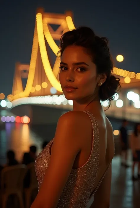 Beautiful girl kolkata standing on road make the image colourful and background howrah bridge change the pose and clothes night time hot dress