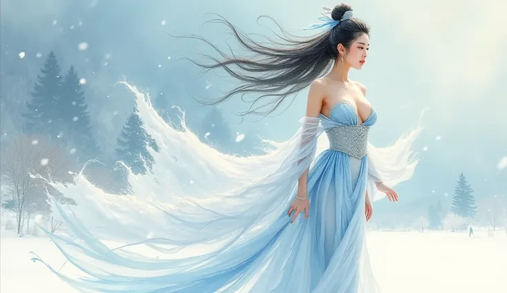 ((Watercolor drawing)), beautiful asian woman with big breasts in revealing national dress, USA, goddess of winter, ((the wind tears off the outfit)), you can see the legs. blue, snow