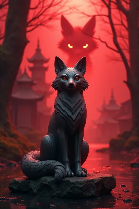 Create an image with a stone fox statue in the center. Behind the statue are fox eyes, a nine-tailed red fox. Behind is a dark forest and a village in the mysterious red tone that is worth exploring.