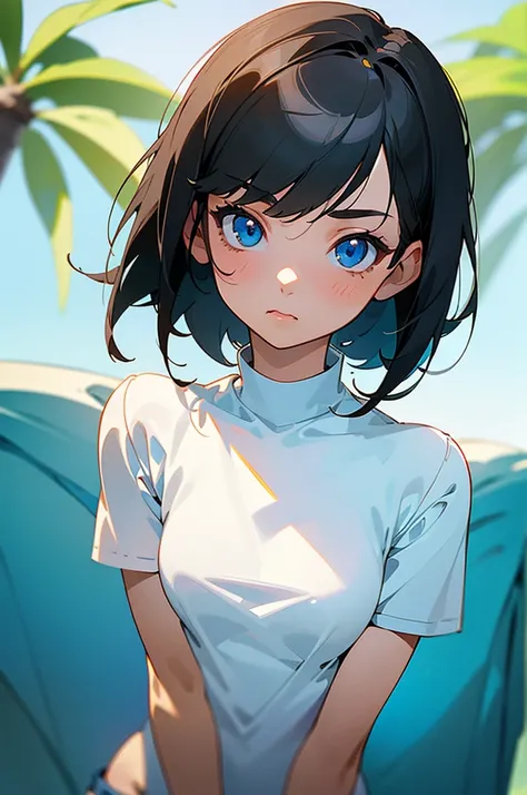 one girl, very short, very petite, short black hair, blue eyes, wearing plain white shirt, denim shorts, (highly detailed face, properly proportioned body, good anatomy), (background: tropic-beach), (Anime style, natural light, focused on girl, slight blur...