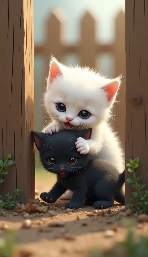 Description: White, a cute kitten who was not far away, immediately realized that his best friend was in trouble. He jogged towards the fence, approaching Black, the cute kitten that was trapped. White: Standing next to Black with a determined expression. ...