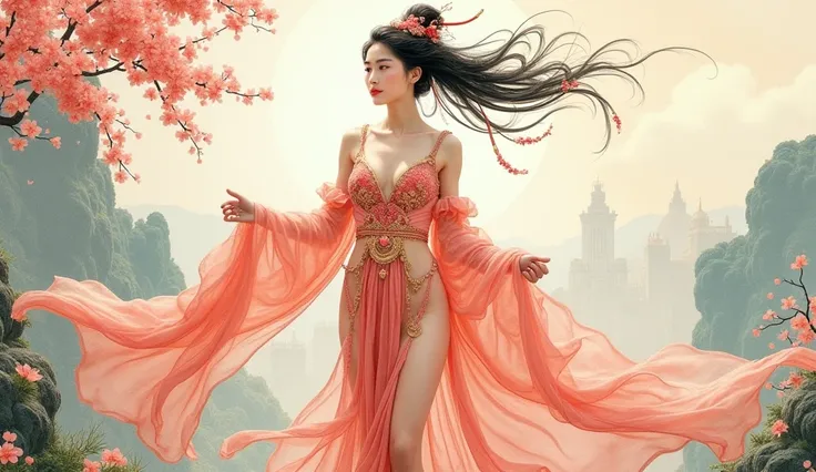 ((Watercolor drawing)), beautiful asian woman with big breasts in revealing national dress, USA, goddess of spring, ((the wind tears off the outfit)), you can see the legs. 