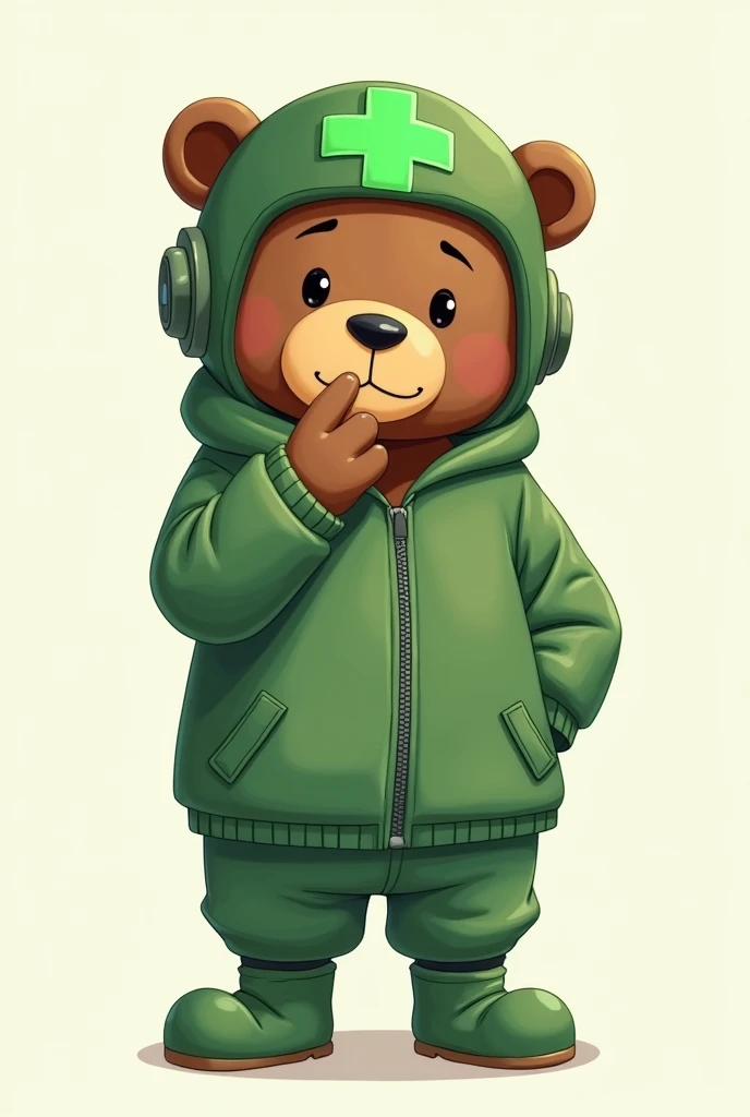 A bear dressed in green clothes wearing a helmet with a green cross illustrative style thinking with hand on chin