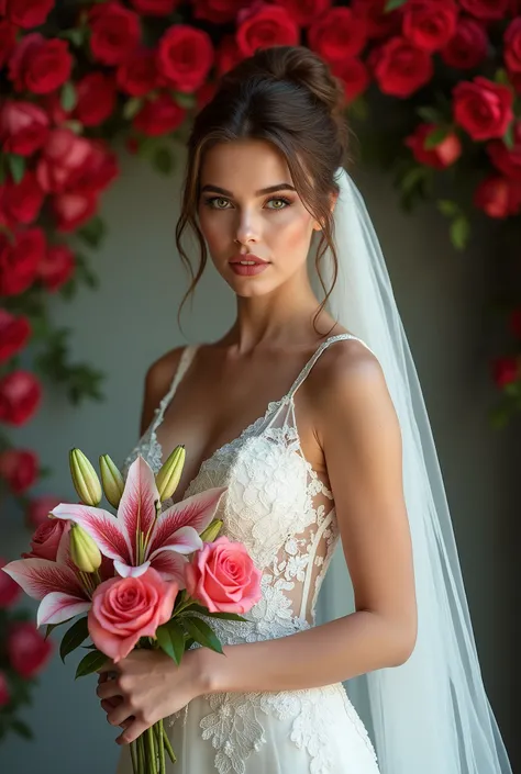 1 woman , 30 years, big lips, big breasts,makeup , slim , hair bun, Light brown hair, veil white transparent long , wedding white dress fitted lace, white shoes , bouquet of lilies , in the background is a wall of red roses Determination, flirting, temptat...