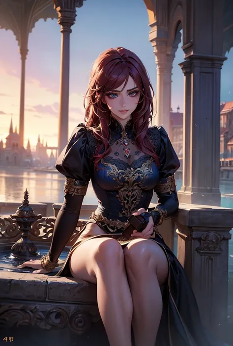 A princess sitting on a fountain, holding a red rost,detailed face,beautiful detailed eyes,beautiful detailed lips,extremely detailed eyes and face,longeyelashes,intricate details,cinematic lighting,dramatic colors,moody atmosphere,(best quality,4k,8k,high...