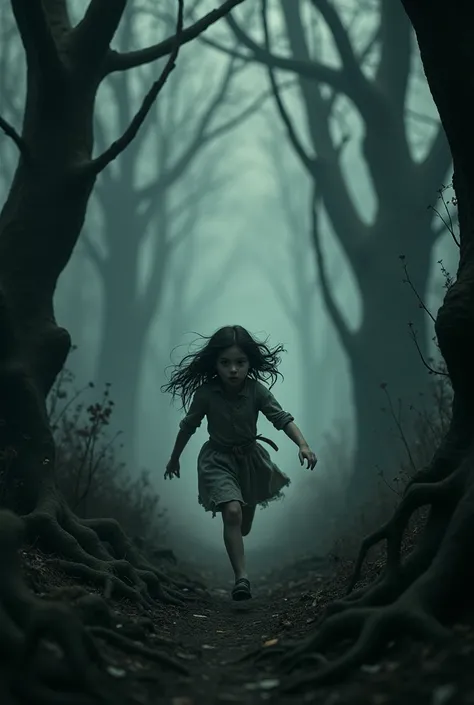 A girl running away in the forest lost and scared