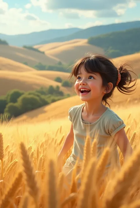 High-altitude overlooking，Wheat waves blowing，A girl is playing happily,closeup faces