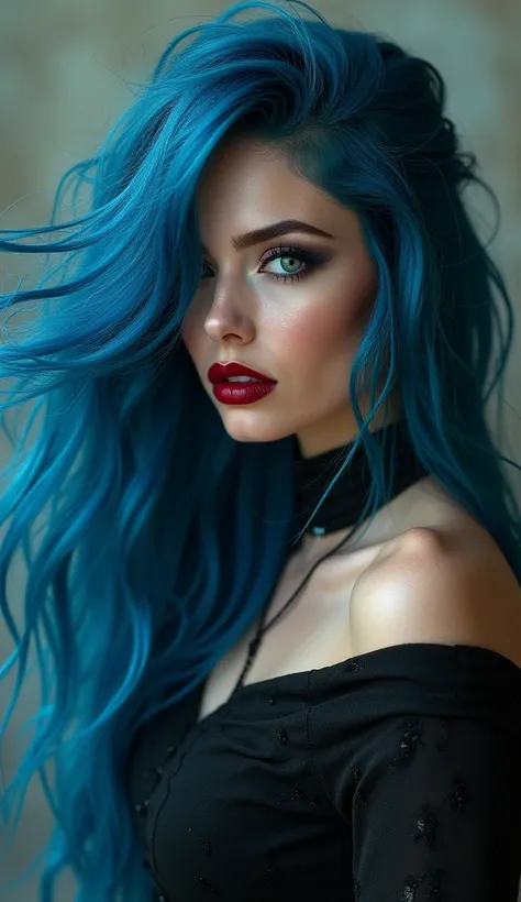 Photography. Full body shot.
A stunningly beautiful woman, sultry expression, very long windblown blue hair covering her face, light eyes, snub nose, red glossy lipstick, very curvaceous body, steampunk dark witch
