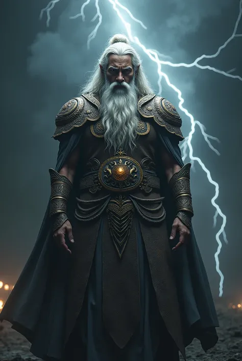 A wide shot of old aswathama ( white beard and ahite tied hair( light object in his forehead between two eyes)( divine power) warrior attire, lightning in the background . Dark image, photorealistic ultradetailed 4k image.image should be according to Hindu...