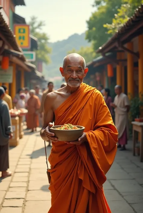 The monk is collecting alms.