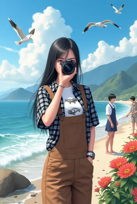 Beautiful Korean girl，Fair and smooth skin, Well-groomed face, Black long straight hair, Smile, Black and white check shirt, White T-shirt with fish pattern) Brown overalls, Cool watch. Posing on the beach with a camera, Under the blue sky, Background with...