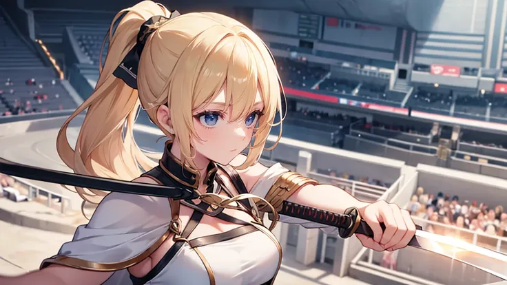 lone figure,
person centered,
close-up of the person,
arena resembling ancient Greece,
wielding a sword,
woman in her twenties,
blonde ponytail,
sharp gaze