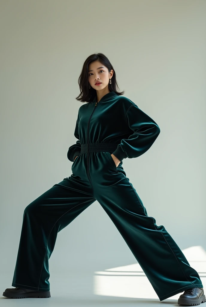 A young Japanese woman wearing a velvet tracksuit with her legs spread apart