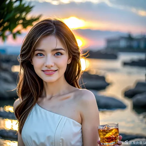 (Realistic, 超Realistic:1.4), 16K HDR, High resolution,((Whiskey Glass)),((Whiskey Bottle)),((Whiskey Glass)),Happy Smile、,The best smile、Japanese Actress,so beautiful(It looks like the real thing),Evening Dresses,Cocktail Dresses、Whiskey Bottle、The Macalla...