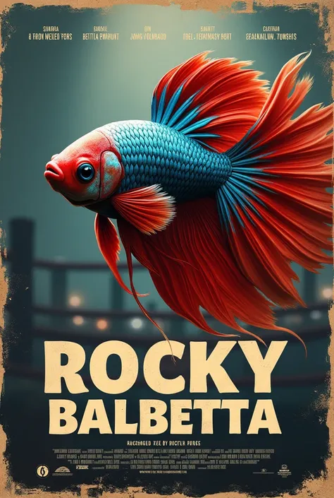 Une fausse affiche de film pour un film qui sappellerait Rocky BalBetta, avec Le titre inscrit en gros et en visuel le héro du film qui est un poisson betta splendens, inspiré du film rocky