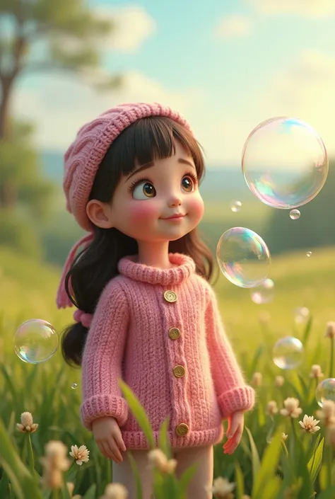 A  girl in a pink knitted sweater stands on the grass and blows bubbles