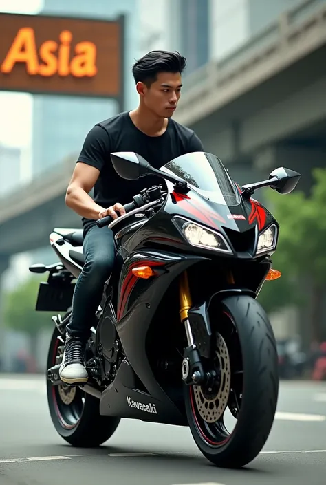 Handsome man, gentleman, short shiny black hair, stylish luxurious t-shirt, riding a "KAWASAKI" sports motorbike, wearing cool sneakers, there is a wooden board that says "ASIA", a luxurious flyover,